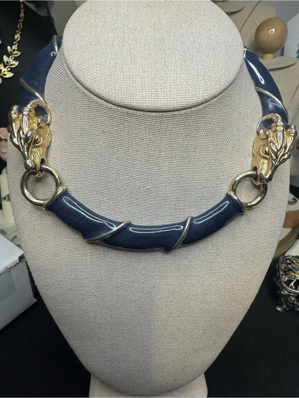 Donald Stannard Ram Head Statement Necklace – Navy Enamel & Gold-Tone